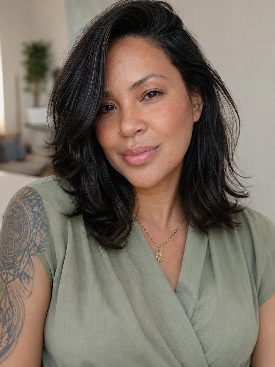 Natisa Rosco, founder of The Sacred Inhale, in a sage green blouse