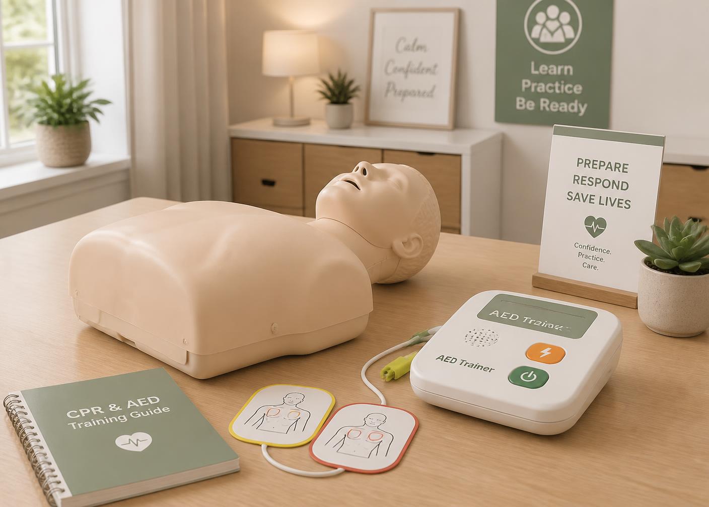 CPR manikin and AED trainer arranged in a calm, well-lit training room